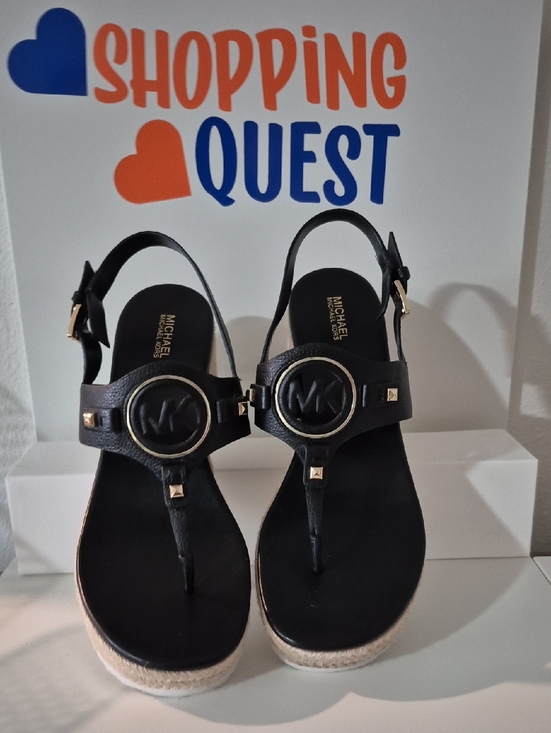 Michael Kors Shoes - Michael Kors Black & Gold MK Logo Wedge Sandals